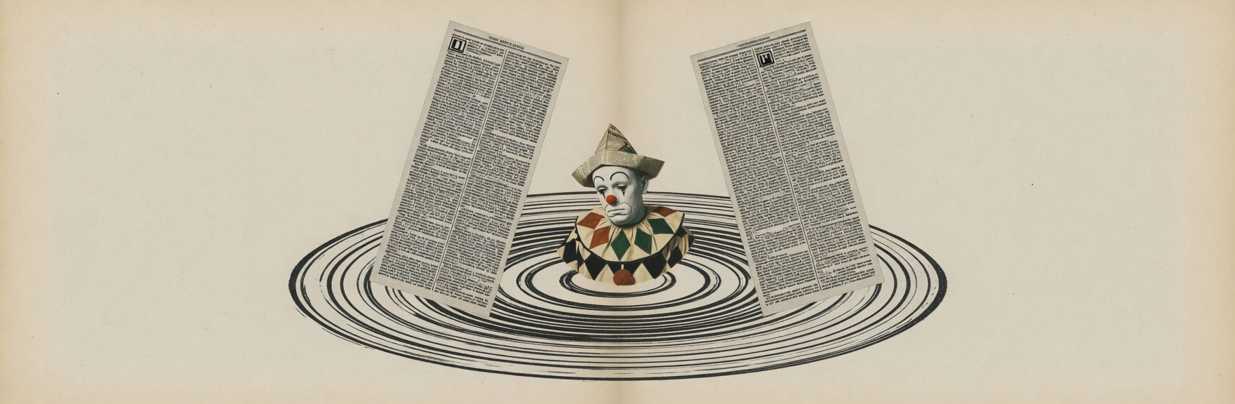 A newsprint clown standing in a spin zone between two competing columns.