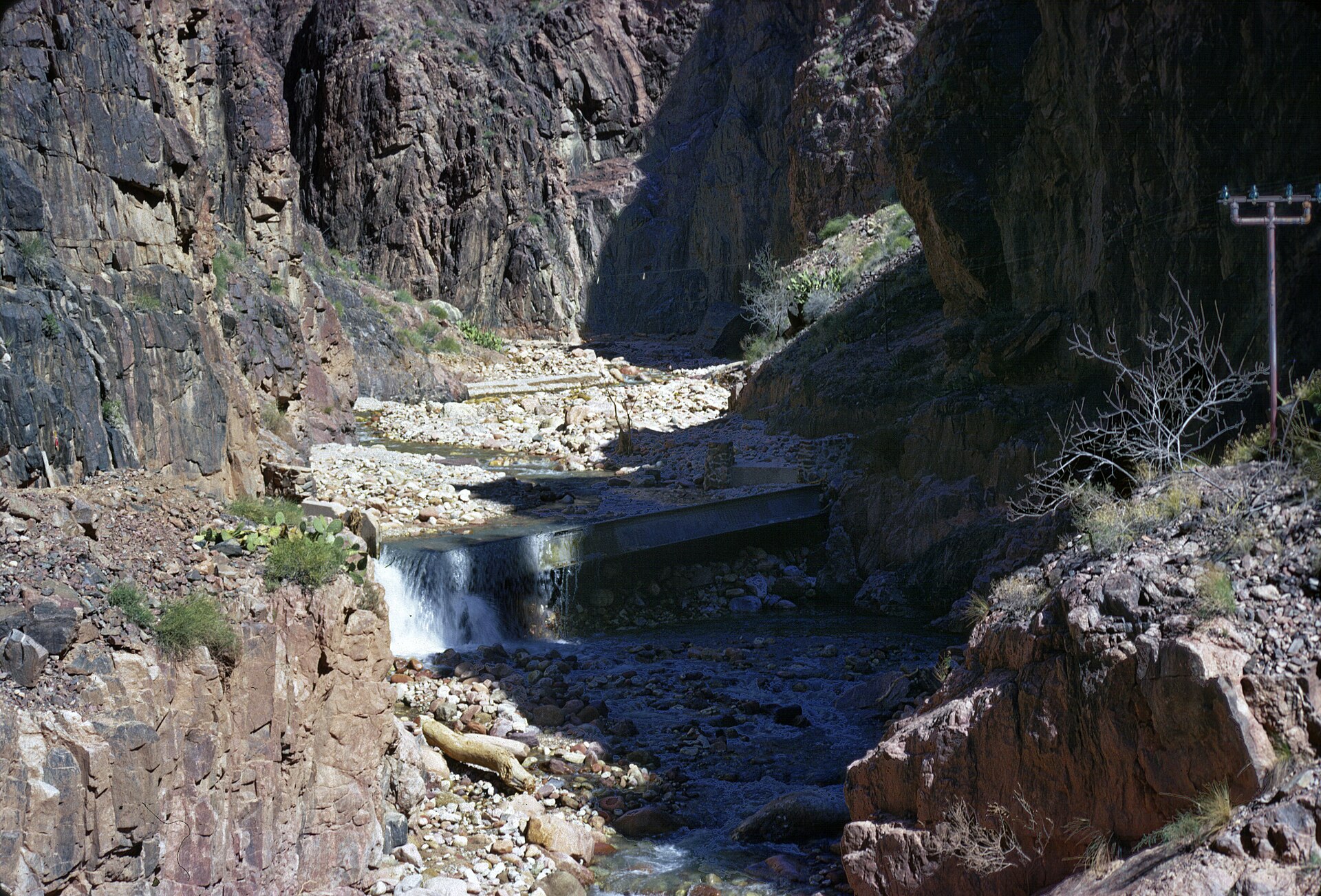 Bright Angel Canyon after the 1966 Grand Canyon flood, a historic NPS photograph of the same corridor hit in 2026.