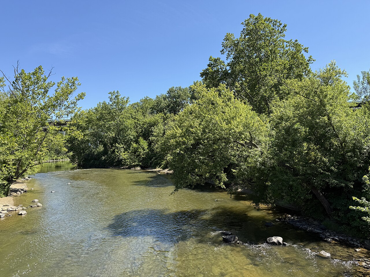 The Cuyahoga River looking south from the pedestrian bridge near Boston Mill Visitor Center.
