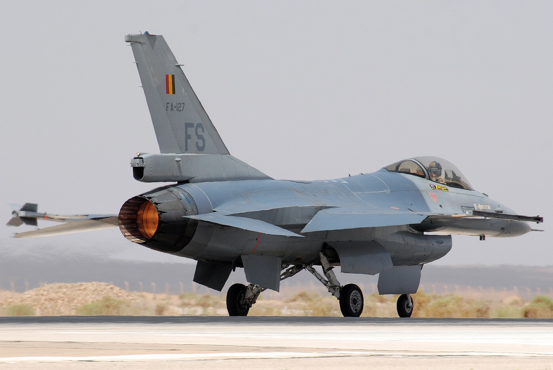 A Belgian F-16 prepares to take off from Muwaffaq Salti Air Base (Al Azraq) in Jordan.