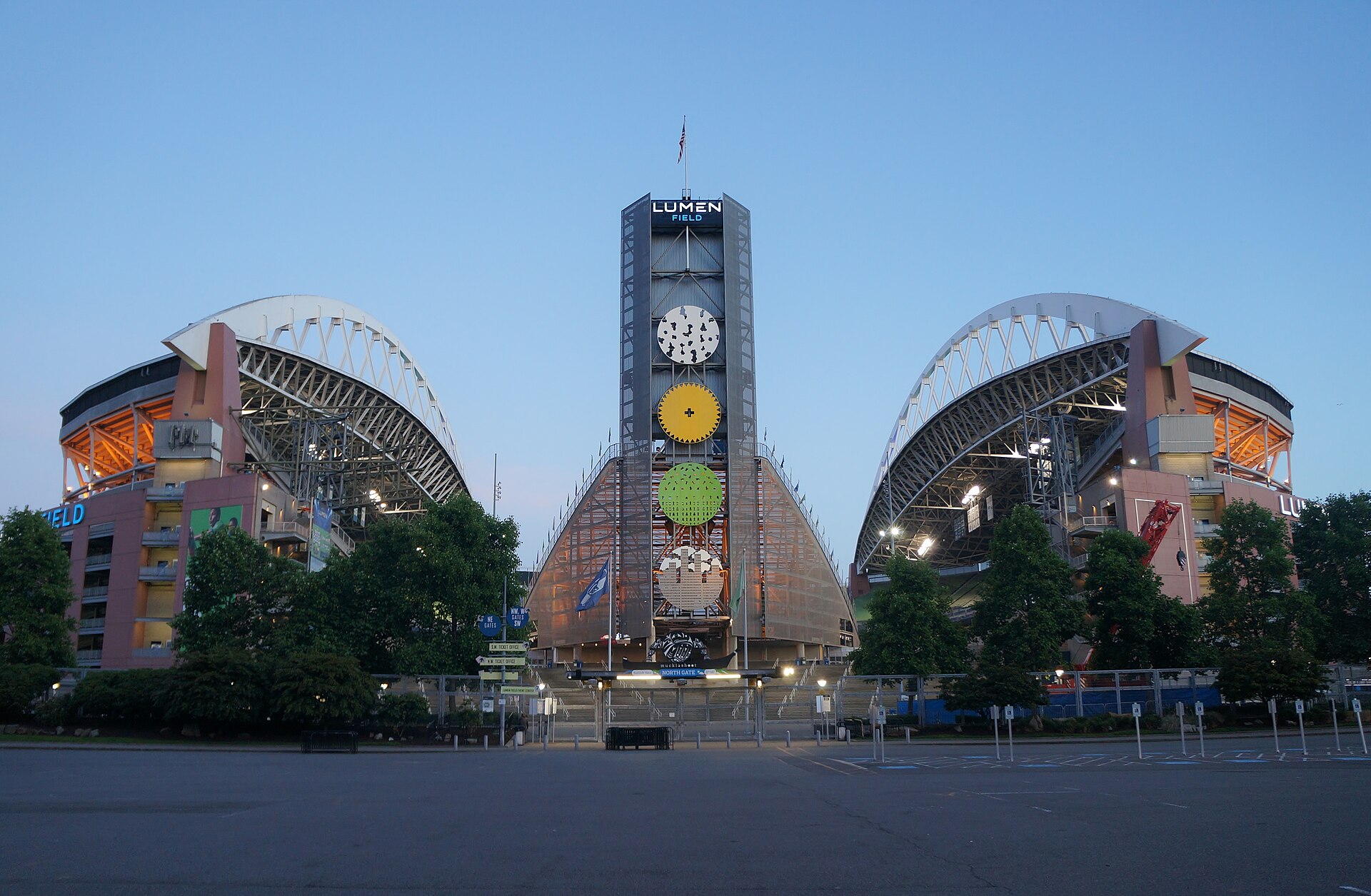 Lumen Field, north side at dusk