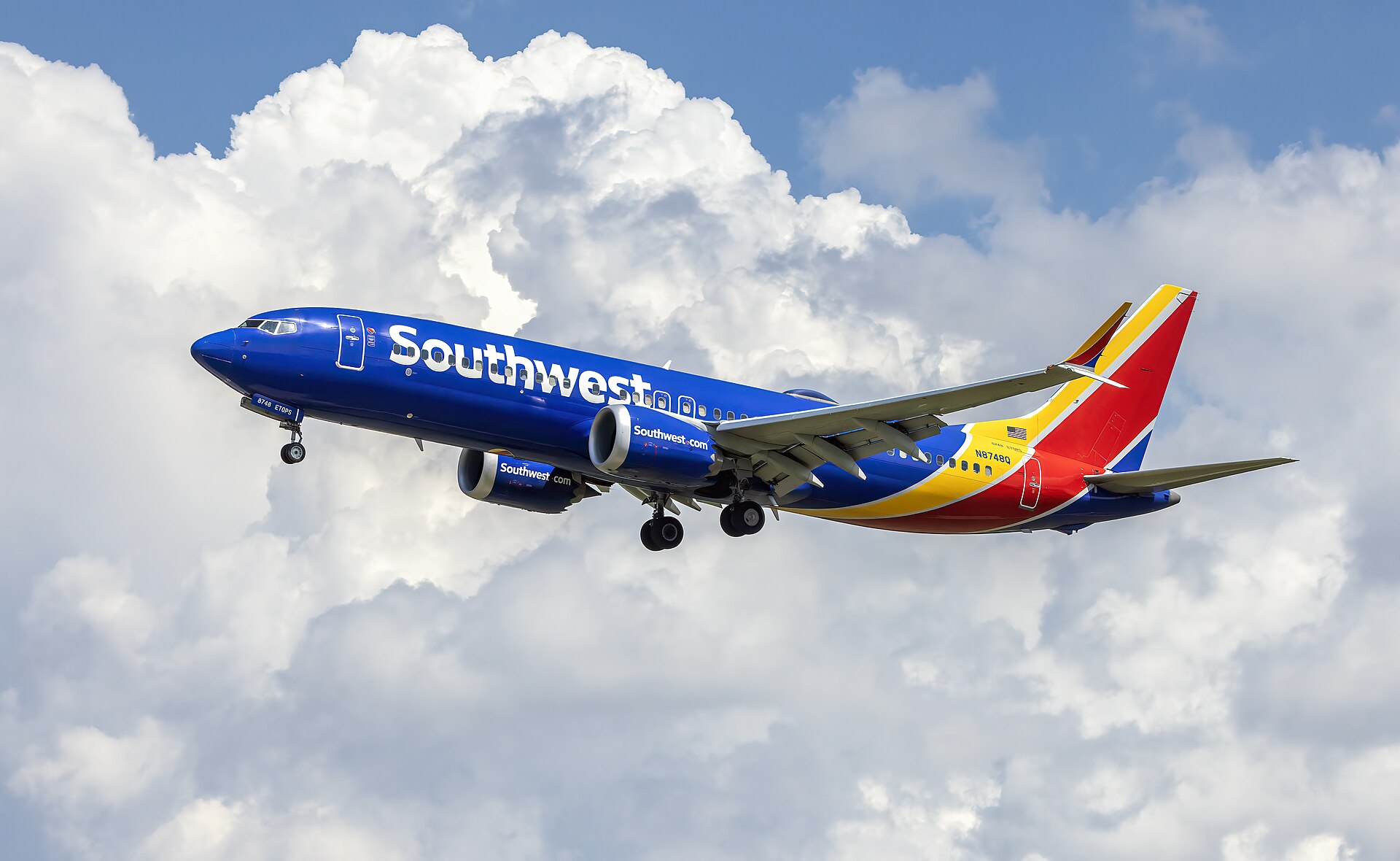 A Southwest Airlines Boeing 737-8 MAX landing at Baltimore-Washington International Airport on Aug. 6, 2026.